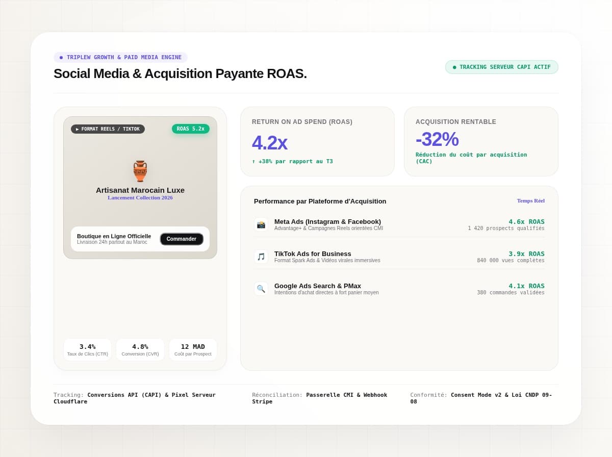 Tableau de bord acquisition Meta & TikTok Ads avec tracking ROAS